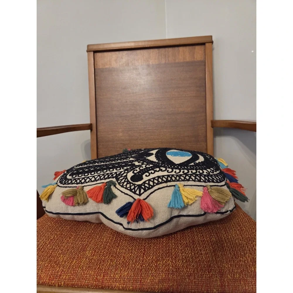 Hamsa‎ Open Palm Decorative Throw Pillow Boho Spiritual Embroidered Tassels